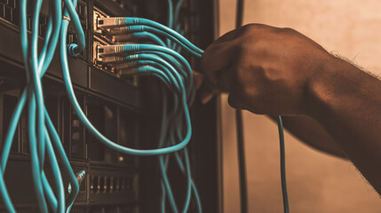 Network technician connecting blue cables in a data center during evening hours