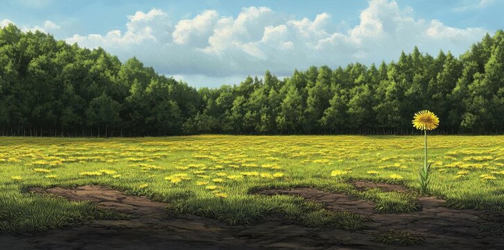 dandelions bloom in summer Meadow field, creating peaceful field and blue sky