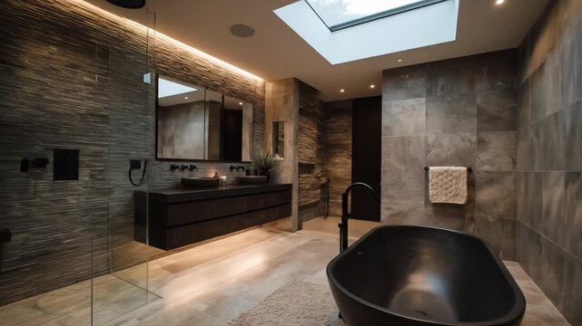 Chic, stone-clad bathroom with skylight and black freestanding tub