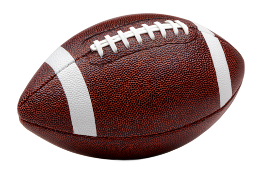 Brown leather American football with white laces and stripes isolated on white background, professional sports ball for game, training, and athletic competition