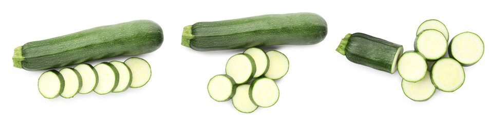 Collage of fresh ripe zucchinis on white background, top view. Whole and sliced