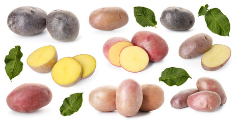 Different types of raw potatoes with green leaves isolated on white, collage