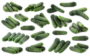Fresh ripe cucumbers isolated on white, collage