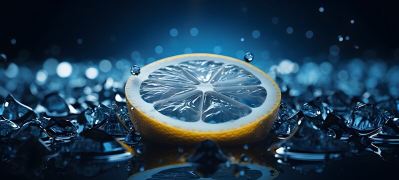 The black background contrasts sharply with the bright blue diamonds light emitted by lemon slice,generative AI