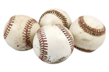 Old used baseballs with red stitching isolated on white background, worn sports equipment showing dirt and texture, classic game balls for training, practice, and athletic concept