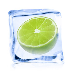 Cut fresh lime fruit in ice cube isolated on white