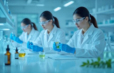 Dedicated researchers in lab coats and safety glasses perform scientific analysis, handling beakers and chemical solutions.