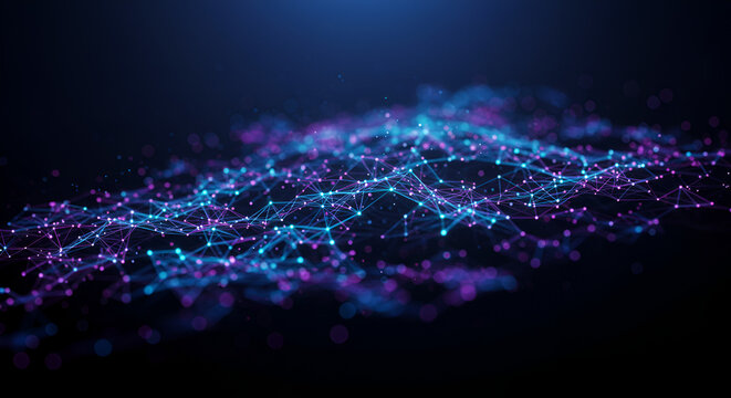 Futuristic Data Network with Glowing Nodes and Connections in Blue and Purple