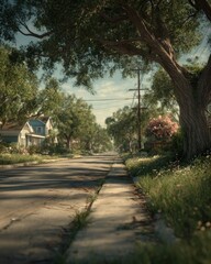 Residential Street Scene Under Sunny Sky