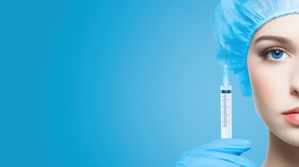 Healthcare professional prepares a syringe in a clinical blue background setting