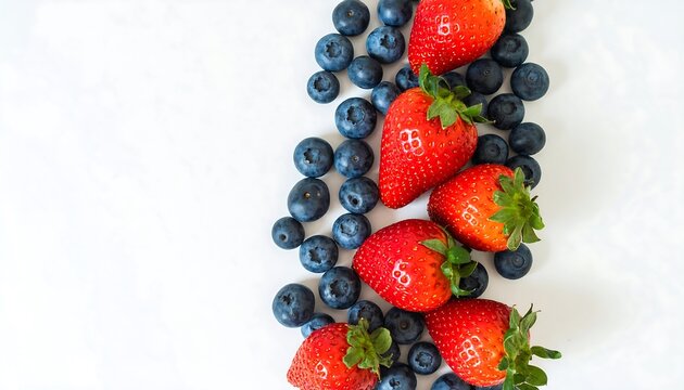 Fresh strawberries and blueberries arrayed on a clean white background