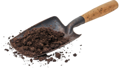 A shovel filled with soil on a black background ready for planting in the garden or flower bed