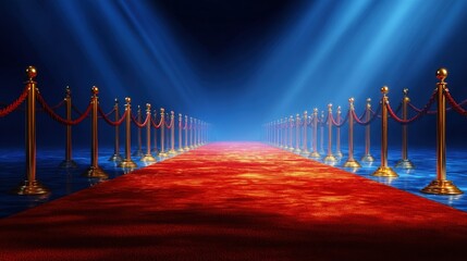Red Carpet With Golden Poles And Blue Spotlight