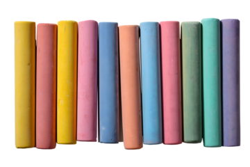 Stack of colorful chalk sticks isolated on white background, vibrant school chalk set for classroom teaching, drawing, and educational creativity supplies