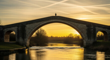 A person stands atop a stone bridge at sunset overlooking a river with trees in the background