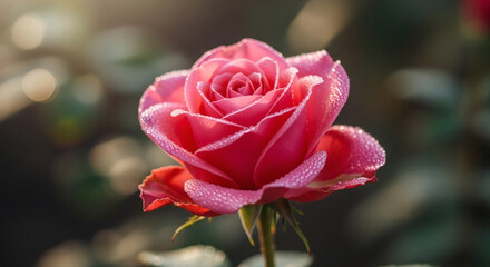 A close up shot of a pink rose with water droplets on its petals in a garden setting outdoors