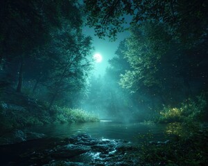 Obraz premium Mystical Forest Scene At Night With Moonlight And Glowing Insects