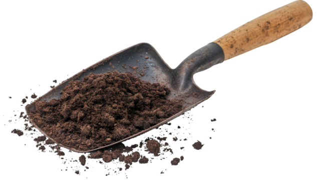 A shovel filled with soil on a black background ready for planting in the garden or flower bed