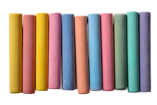 Stack of colorful chalk sticks isolated on white background, vibrant school chalk set for classroom teaching, drawing, and educational creativity supplies