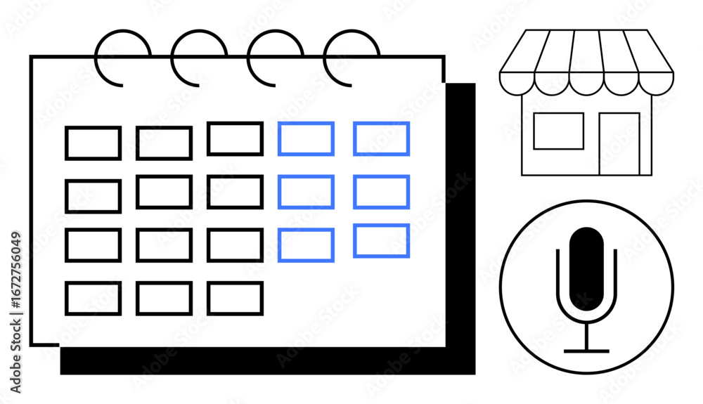 Poster calendar with multiple dates highlighted in blue, a storefront icon, and a microphone symbol. ideal 