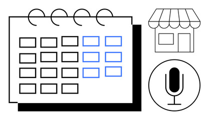 Calendar with multiple dates highlighted in blue, a storefront icon, and a microphone symbol. Ideal for scheduling, business management, communication, organization, planning, retail and a simple