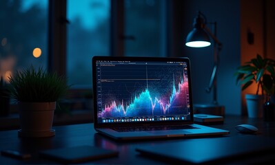 Fototapeta premium A laptop displays a vibrant financial data graph on a desk at night, illuminated by a warm lamp, signifying market analysis.