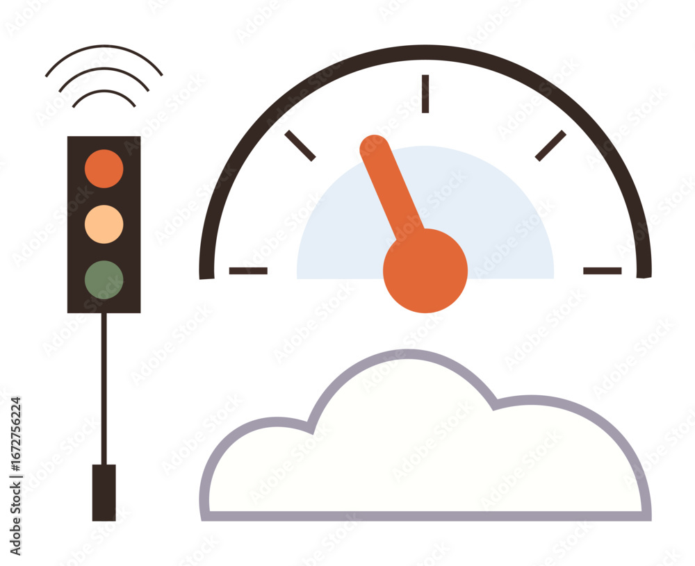 Poster speedometer with orange needle, smart traffic light with wireless waves, translucent cloud. ideal fo