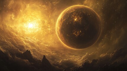 A large yellow planet is in the sky