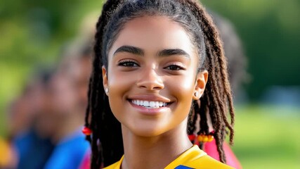 Smiling African American woman with curly hair outdoors in sports attire