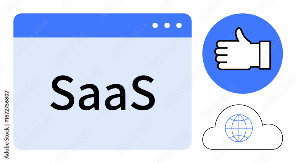 Poster browser window labeled saas next to a thumbs-up icon and cloud with a globe. ideal for technology, a