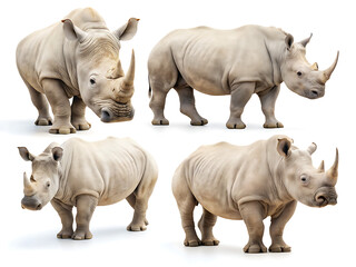 Obraz premium Four rhinoceroses in different poses against a white background showing their horns and skin texture