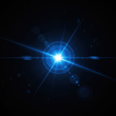 Realistic blue glowing lens flare light effect on black background