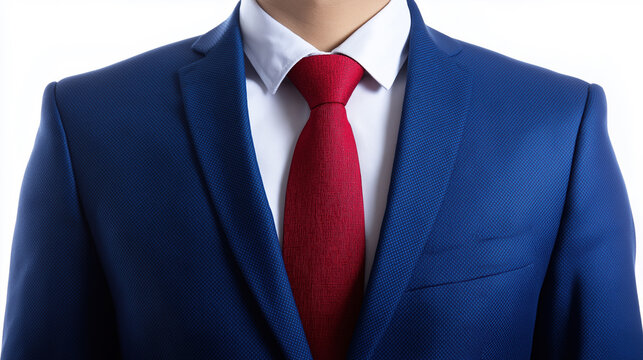 Business professional wearing blue suit with red tie against white background
