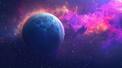 A blue planet in space with a purple cloud behind it