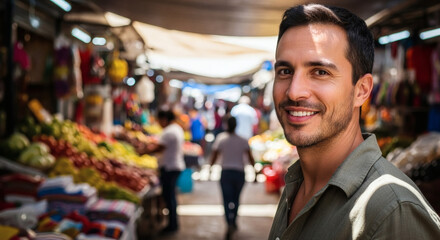 A smiling man in a market with fresh produce and people walking through the market stalls behind him