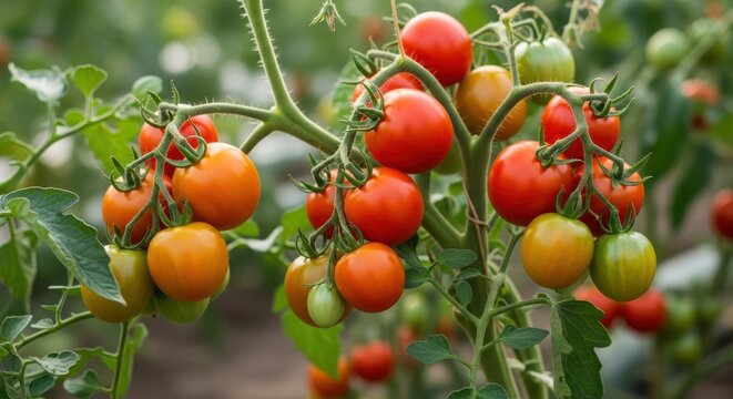 A closeup of ripe red and green cherry tomatoes growing on a vine in a garden, with soft focus on the background - Powered by Adobe