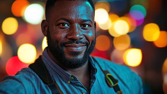 Happy Black man with beard and apron holds glowing blue light smiling confidently for creativity innovation ideas and entrepreneurship concept
