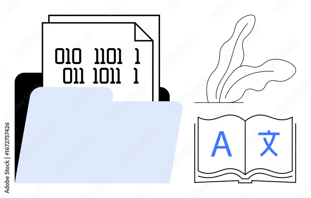 Poster open folder with binary documents and plant illustration near book with multilingual letters. ideal 