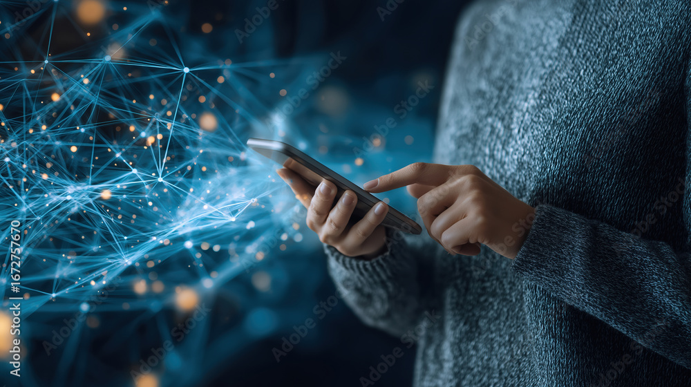 Aufkleber person using smartphone while interacting with digital data visualization at night