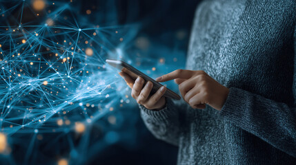 Person using smartphone while interacting with digital data visualization at night