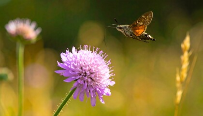Hummingbird Hawk-Moth Feeding on Purple Flower in Summer Meadow Landscape