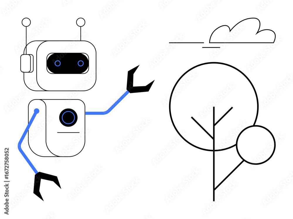 Poster a robot interacts with a stylized tree with geometric lines and cloud. ideal for technology, ai, env