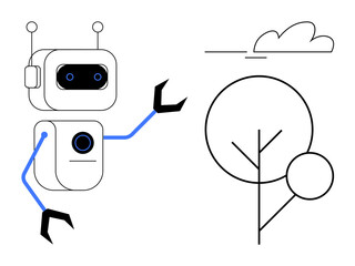 A robot interacts with a stylized tree with geometric lines and cloud. Ideal for technology, AI, environment, robotics, innovation, future, sustainability concepts. A simple flat metaphor