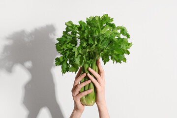 Female hands with fresh green celery bunch on white background