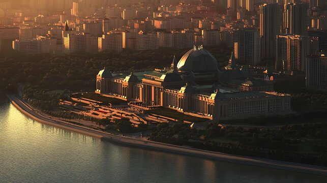 Pyongyang cityscape with Juche Tower and bright sunset high resolution picture