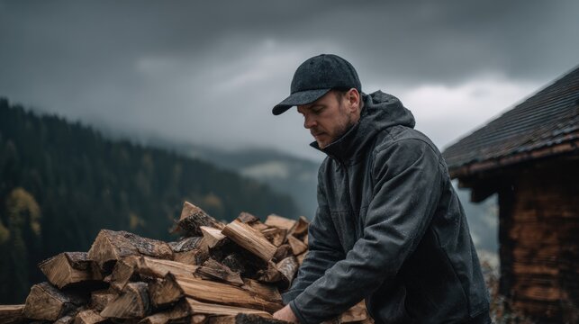 A man diligently stacking firewood in front of a rustic cabin, surrounded by a backdrop of a misty mountain forest. He is engaged in this outdoor activity with focused determination. - Powered by Adobe