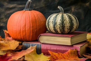 Autumn foliage serves as the backdrop for a stack of books and pumpkins, with the surrounding nature scene blurred