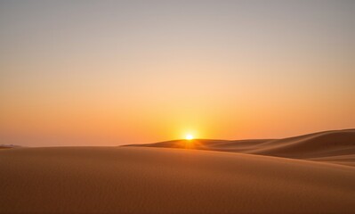 Vast desert dunes bathed in the warm glow of a setting sun, highlighting the undulating sands under a clear sky.