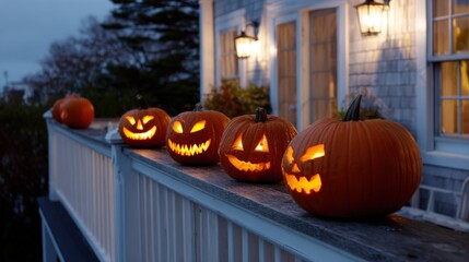 A row of spooky carved pumpkins sit on a porch, casting an eerie glow on a dark autumn evening. The pumpkins have various carved faces with glowing lights.