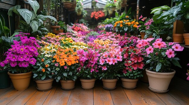 Fototapeta Vibrant blooms in terracotta pots line a wooden floor, creating a colorful display